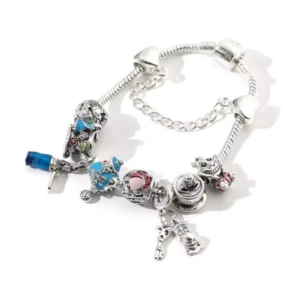 925 Sterling Silver Plated Alice In Wonderland Themed Loaded Charm Bracelet - Picture 4 of 6